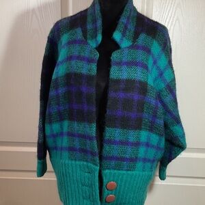 L.B. Diffusion Wool Blend Plaid Cardigan